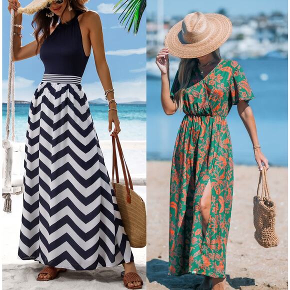 NWT Cupshe Dresses - Chevron Skirt Maxi & Floral Short Sleeve V-Neck Bundle Sz S - Picture 1 of 8